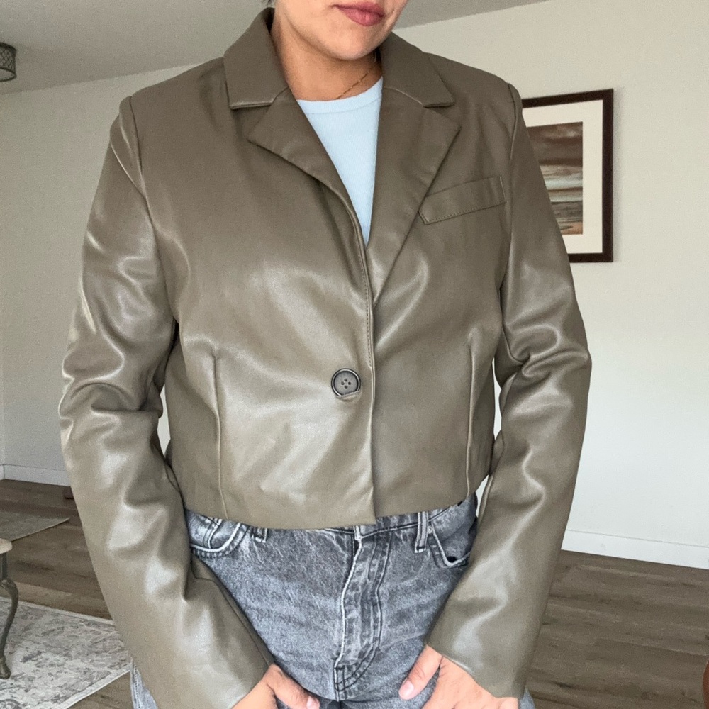 Avec Les Filles Olive Green Faux Leather Blazer Jacket